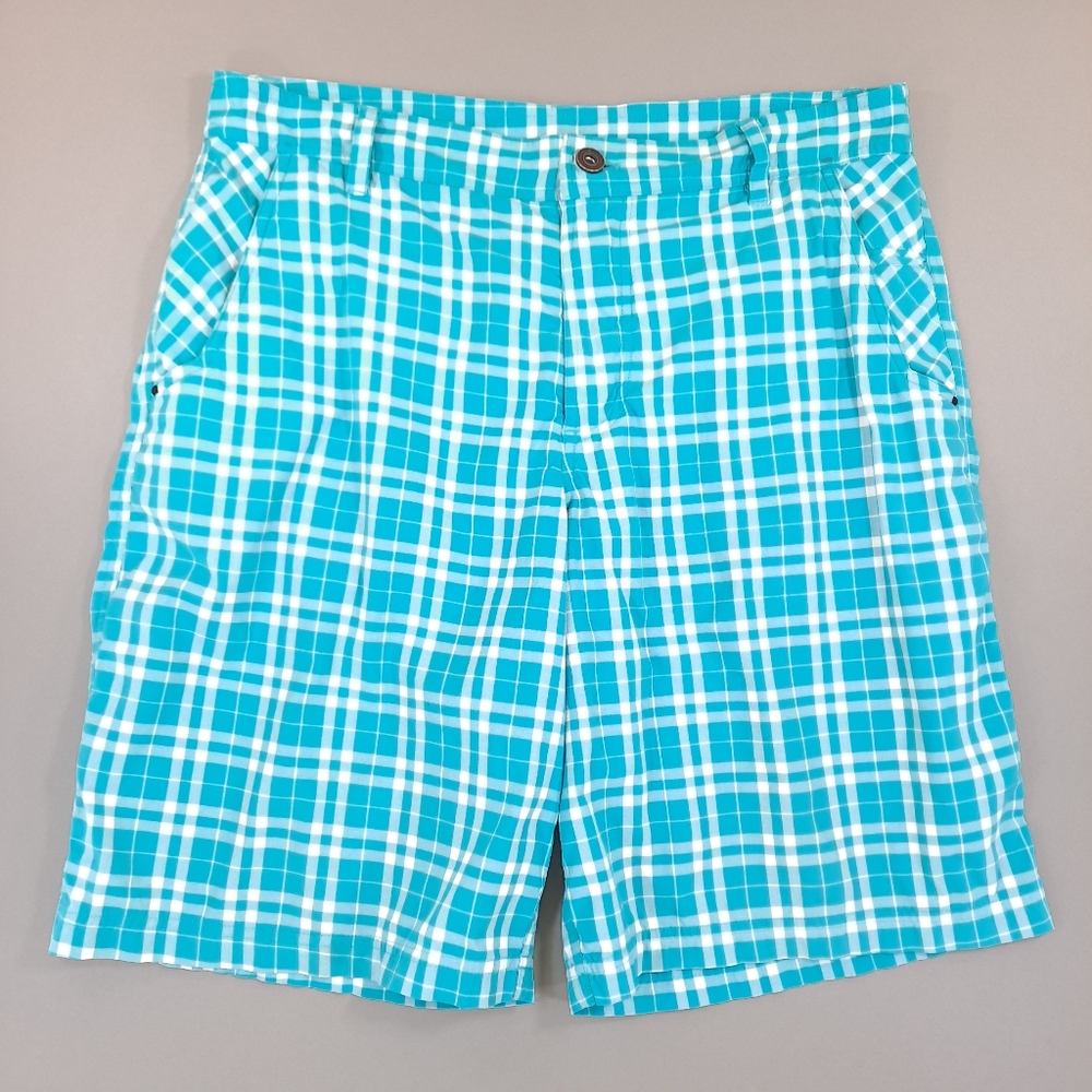 Lululemon Athletica Men's Plaid Chino Shorts Cyan Kayak Blue Stretch - Size 36